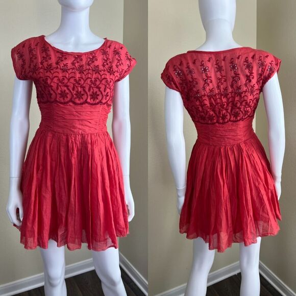 Free People Women's Size 2 Rose Garden Eyelet Embroidered Red Poppy Mini Dress - Picture 1 of 16